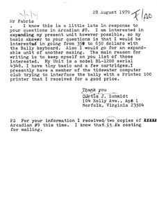 Curtis Schmidt Letter (August 28, 1979)
